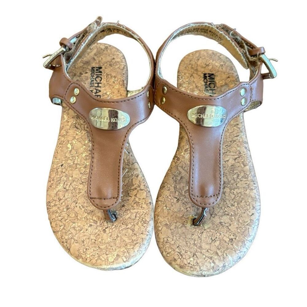 Michael Kors T Strap Sandals Cognac Brown Strap Back Size 10